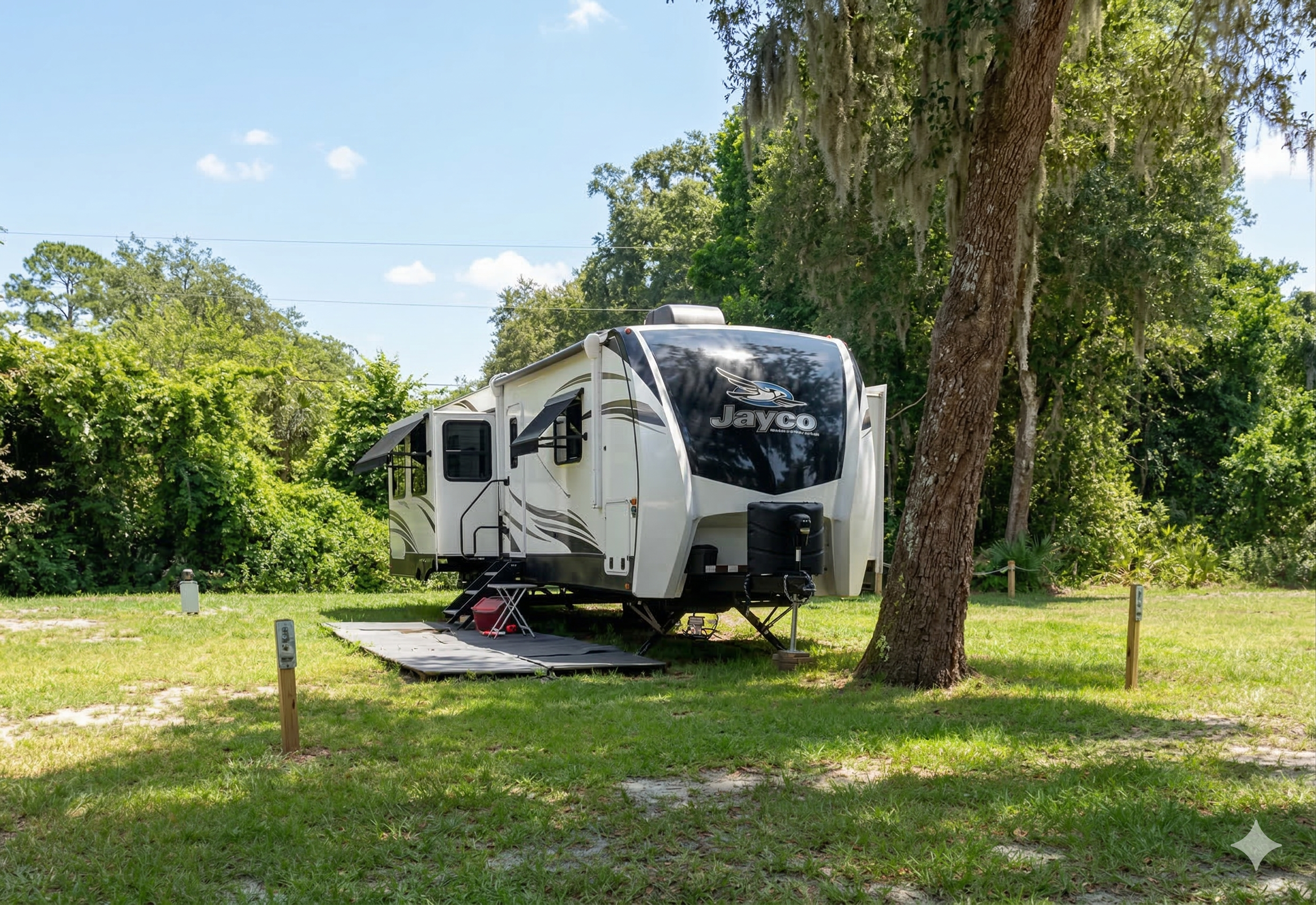A white Jayco RV is parked on a grassy campsite with an awning, two chairs, and a mat outside, surrounded by trees and vegetation on a sunny day.