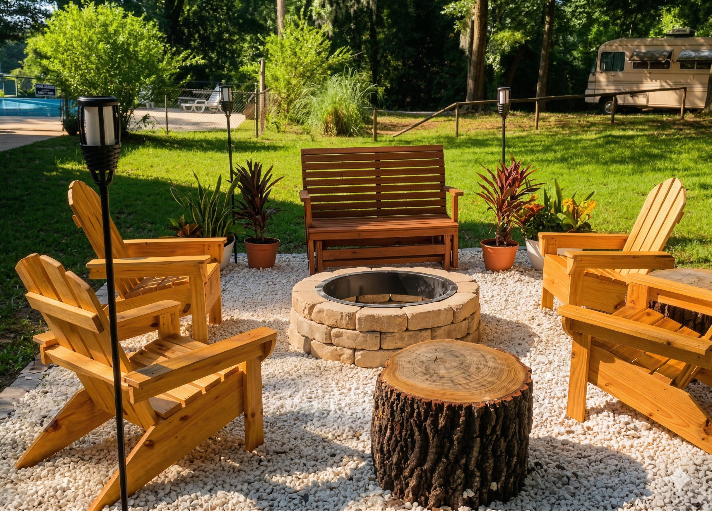 A backyard fire pit area with four wooden chairs, a wooden bench, potted plants, and a log table, set on white gravel.